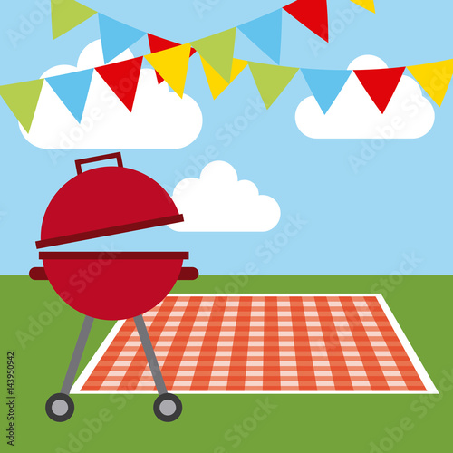 picnic tablecloth, barbecue and decorative pennants over sky background. colorful design. vector illustration