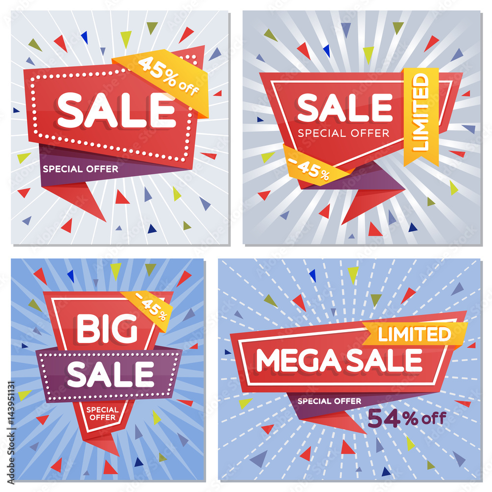 Red geometric shapes and confetti with sharp angles. Sale and discounts set of banners. Sale banner template design. Vector illustration