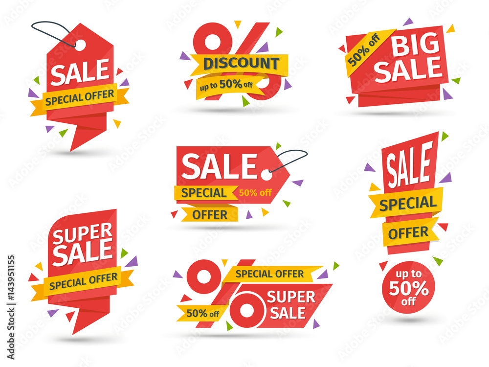Set of red colored stickers and banners. Big set of beautiful discount and promotion banners. Advertising element. Sale banner tag. Geometric shapes and confetti. Vector illustration.