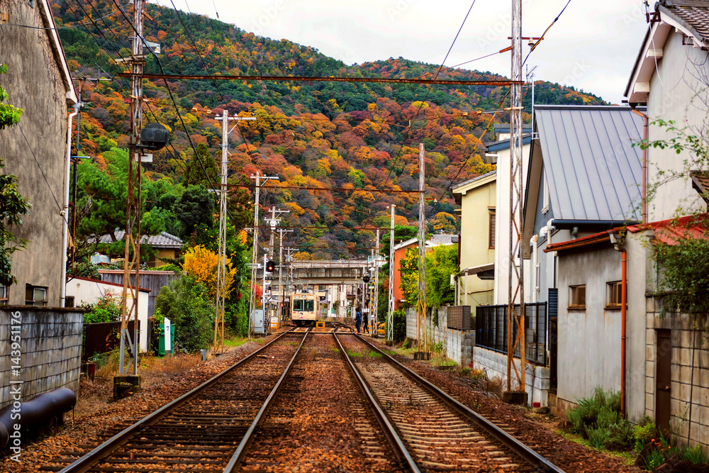 Railway in Arashiyama urban city at autumn
