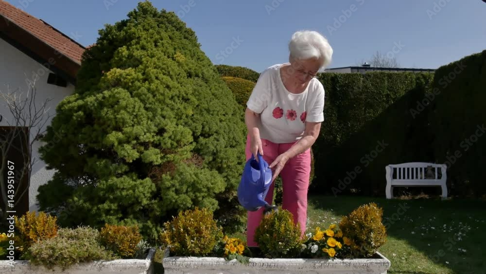 Seniorin beim Blumen gießen