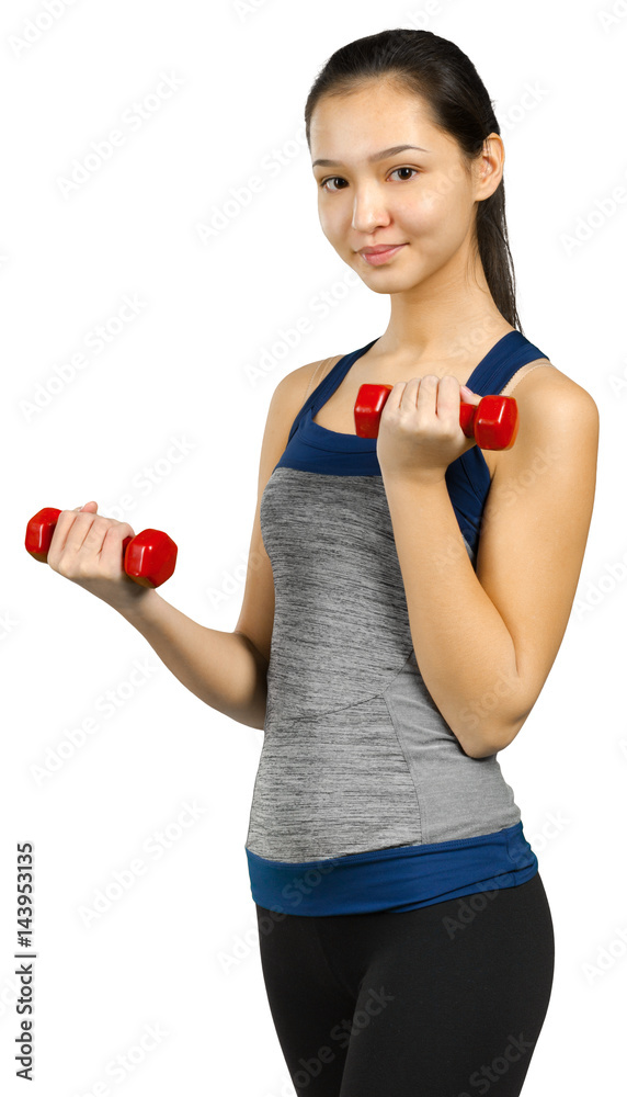 Beautiful woman holding dumbbells isolated on white Beautiful woman holding dumbbells isolated on white