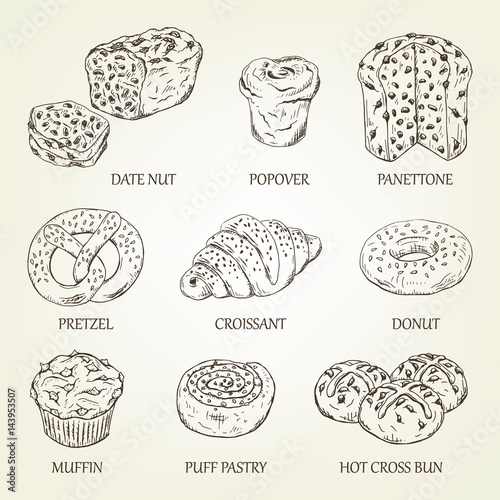 Graphic sketch of different pastry products. Vector illustration with realistic bread icons. Pastry silhouettes designed for advertising bakery, restaurant menu, logo or recipe book design.