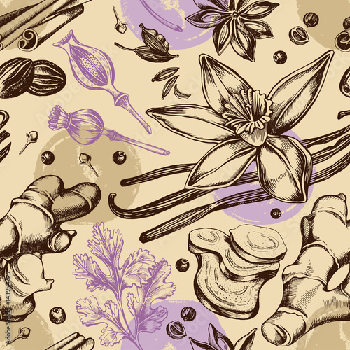 Seamless pattern with hand-drawn herbs and spices.