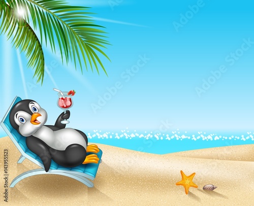 Cartoon penguin relaxing on beach chair