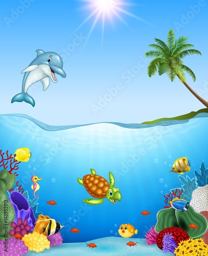 Cartoon tropical fish and beautiful underwater world 