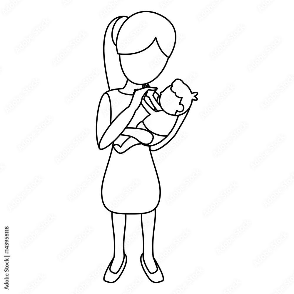 mom carrying little baby outline vector illustration eps 10