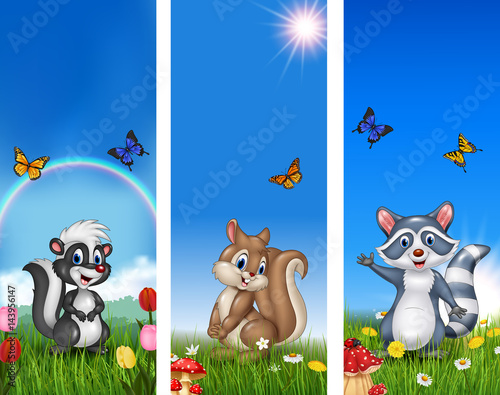 Set of tree funny animal with nature background