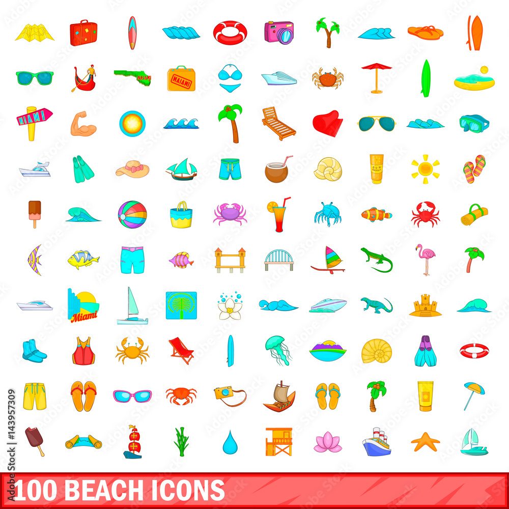Fototapeta premium 100 beach icons set, cartoon style