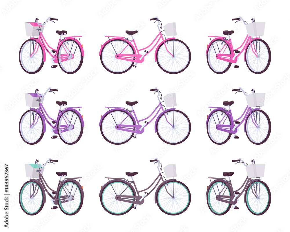Set of female bicycles with basket in pink, purple, black colors Set of female bicycles with basket in pink, purple, black colors