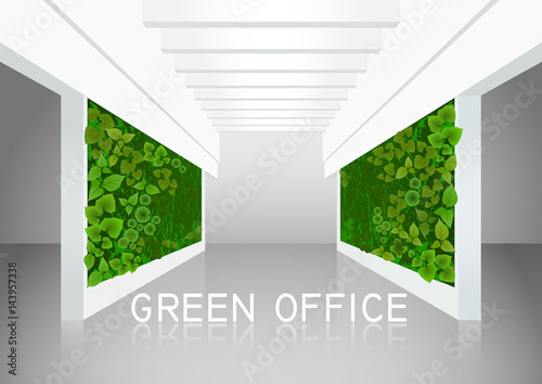 Vector illustration about vertical landscaping of walls in office and  home. White modern interior with two green walls overgrown with plants.