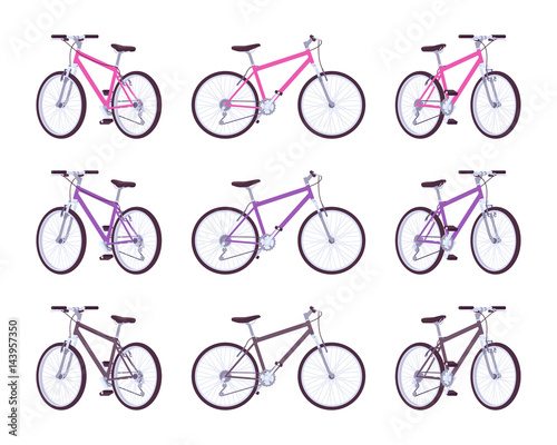 Set of sport bicycles in pink, purple, black colors