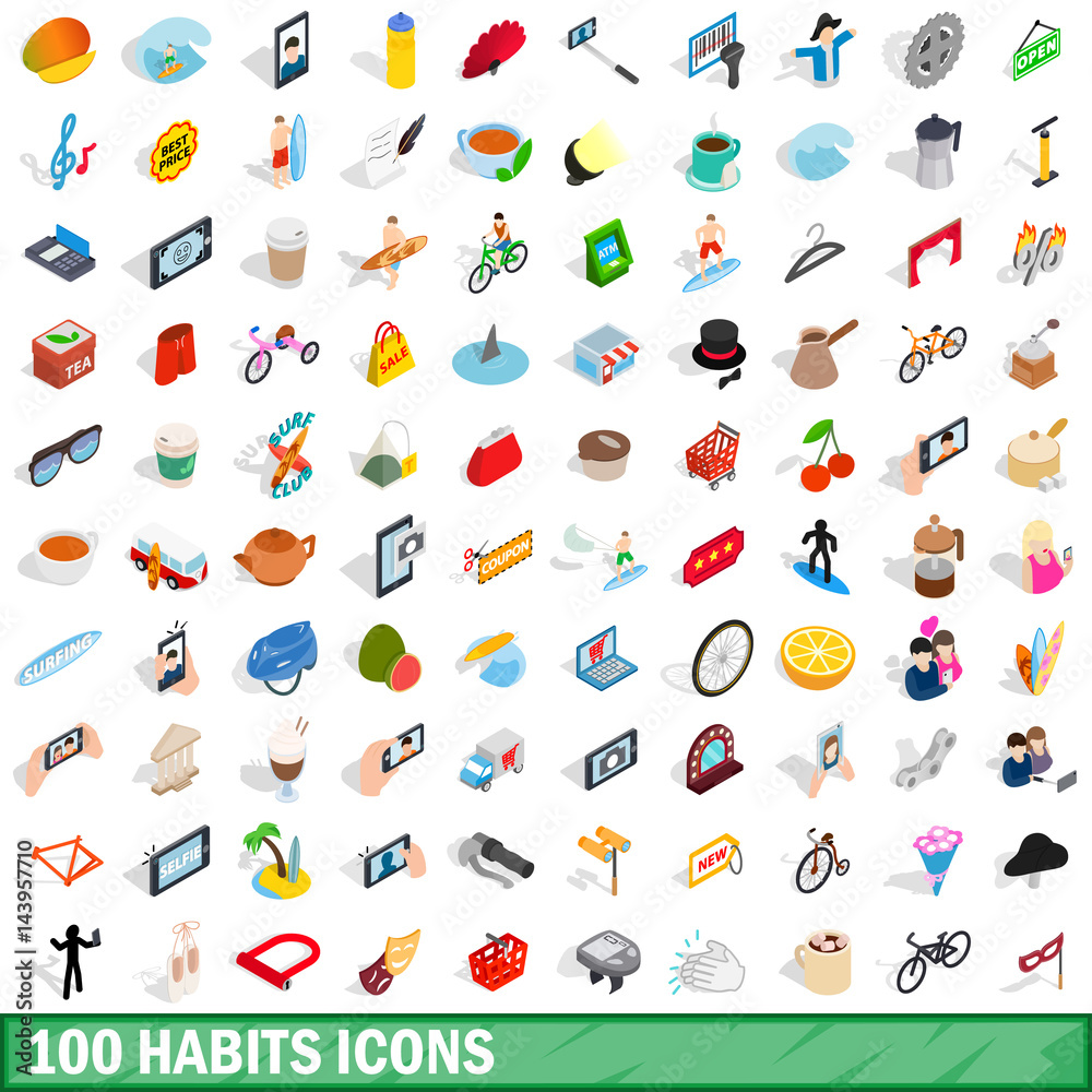 100 habits icons set, isometric 3d style 100 habits icons set, isometric 3d style