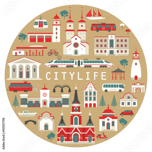 Vector set of flat city buildings and transport to create and generate tourist map. Red and white different public and residential houses and vehicles on beige circle. For poster, prints.