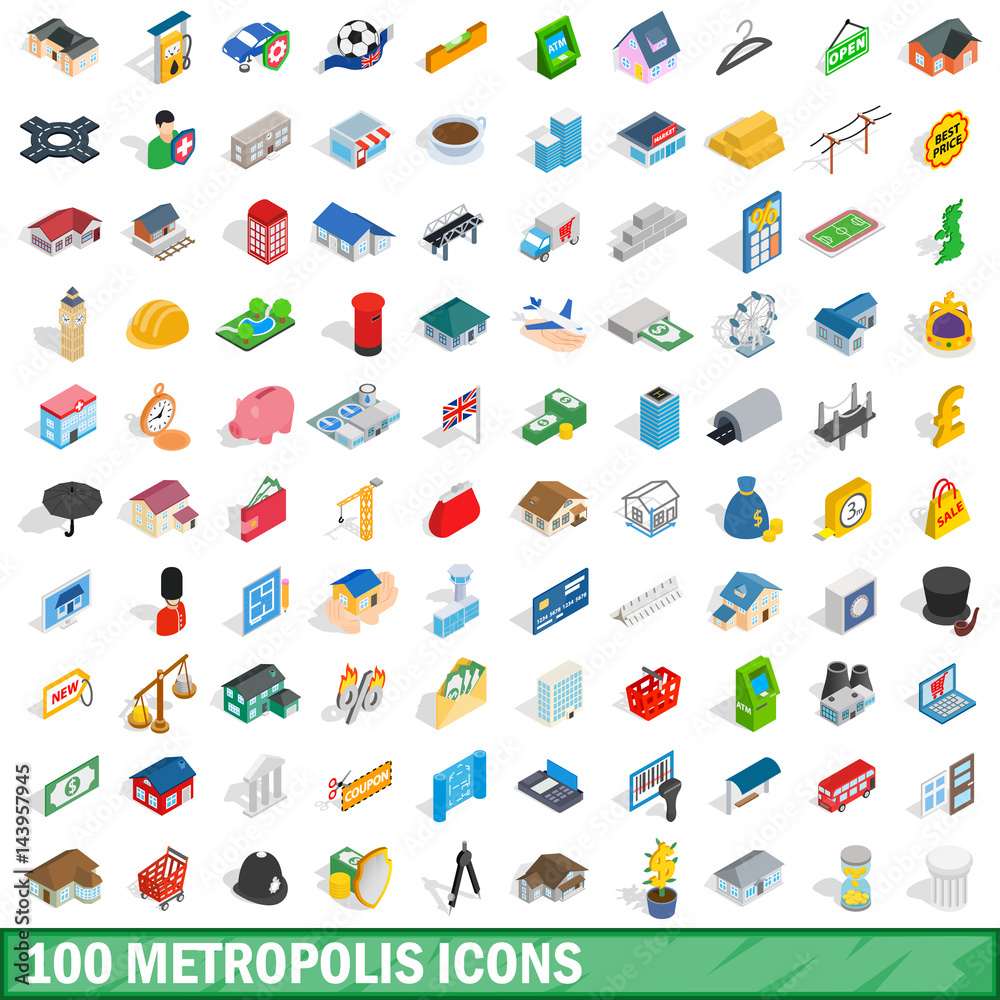 100 metropolis icons set, isometric 3d style
