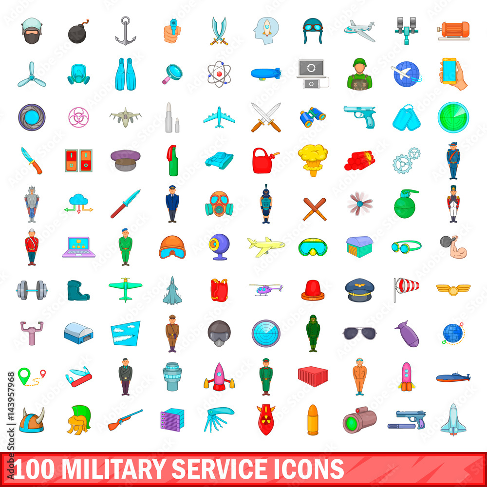 100 military service icons set, cartoon style