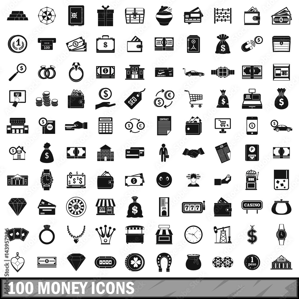 100 money icons set, simple style 