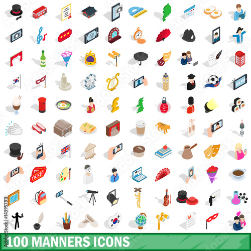 100 manners icons set, isometric 3d style
