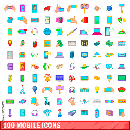 100 mobile icons set, cartoon style