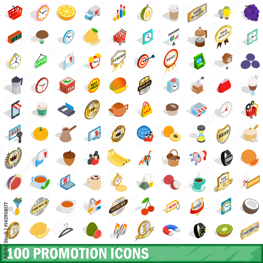 100 promotion icons set, isometric 3d style 100 promotion icons set, isometric 3d style