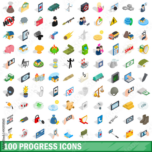 100 progress icons set, isometric 3d style