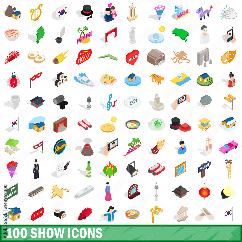 100 show icons set, isometric 3d style