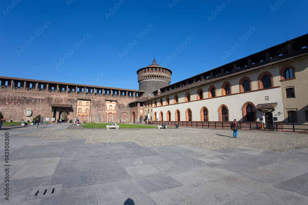 MILAN, ITALY, MARCH 28, 2017 - Sforzesco Castle in Cairoli place, Milan, Italy