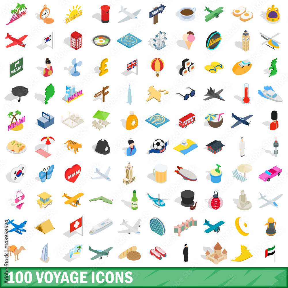 100 voyage icons set, isometric 3d style