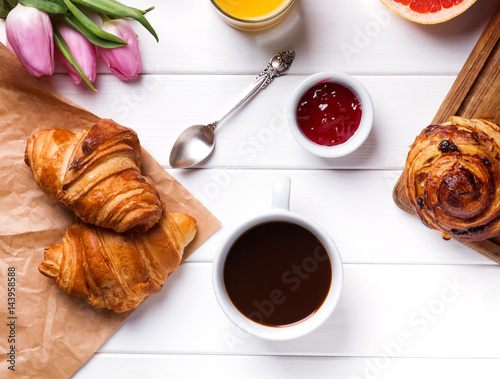 Breakfast with croissants and coffee