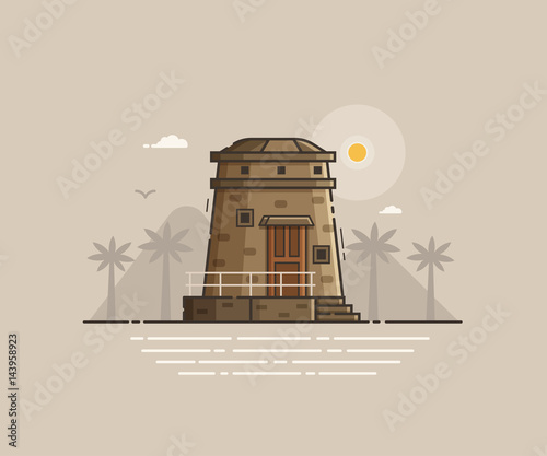 Sea side landscape with signal or observation tower. Stone lighthouse on tropical beach coast vector illustration. Old light house on seaside background in thin line design. Summer travel concept.