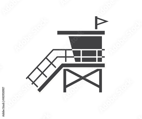Sea life guard tower icon. Beach lifeguard house logo or label template. Baywatch hut vector illustration in outline design.