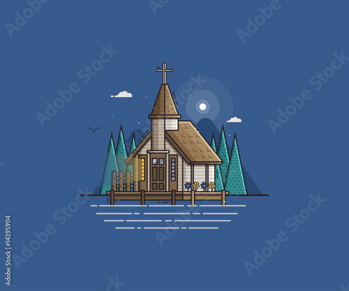 Wooden church on the lake night scene vector illustration. Pier chapel on seaside background. Sea side landscape with traditional marine kirk for sailors or fishermen.