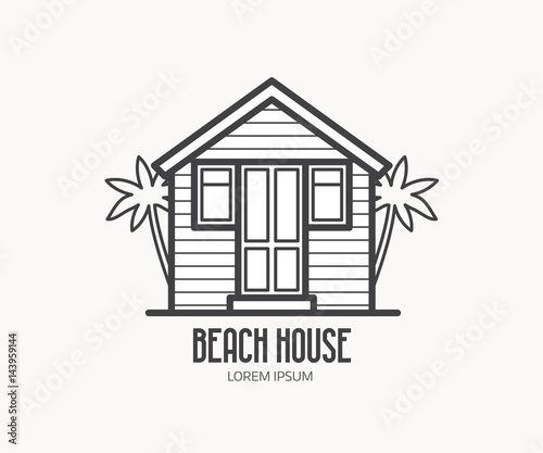 Summer bath house vector illustration. Beach house logo or label template in linear style. Travel agency logotype in thin line design. Beach hut outline icon.