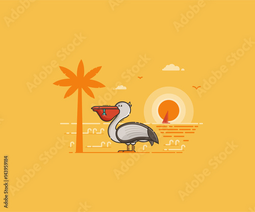 Summer island landscape with large sea bird on beach by sunset in flat design. White pelican with full beak on tropical seaside background. Summertime travel concept vector illustration.