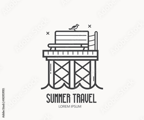 Summer travel logo or label template in linear style. Seaside travel agency logotype in thin line design with sea pier. Wooden jetty outline icon with bench and seagull.