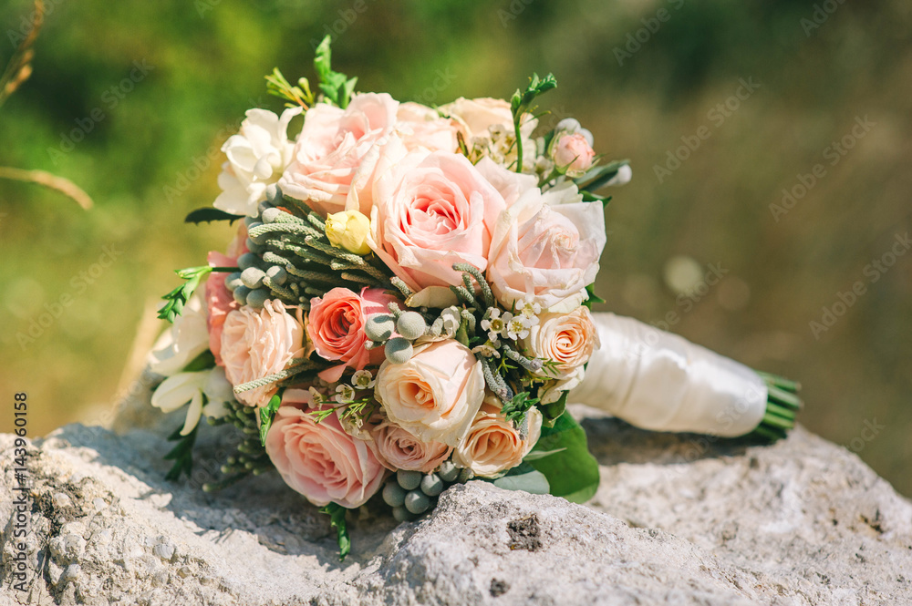 Fototapeta wedding dress, wedding rings, wedding bouquet