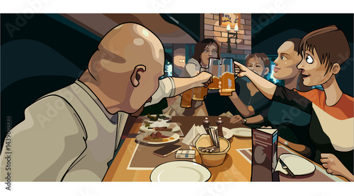 cartoon crowd of people clink mugs to the feast
