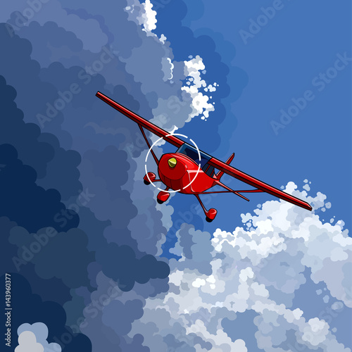 Fototapeta Naklejka Na Ścianę i Meble -  cartoon red little plane flies on the border of a clear sky with a storm cloud