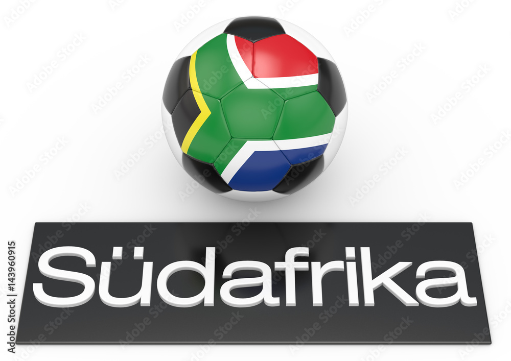 Fußball mit Flagge Südafrika, deutsche Version, Version 1, 3D-Rendering