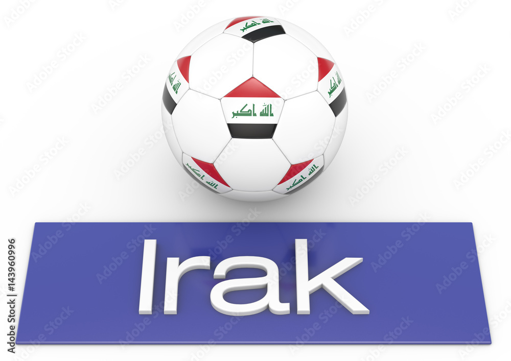 Fußball mit Flagge Irak, deutsche Version, Version 2, 3D-Rendering Fußball mit Flagge Irak, deutsche Version, Version 2, 3D-Rendering