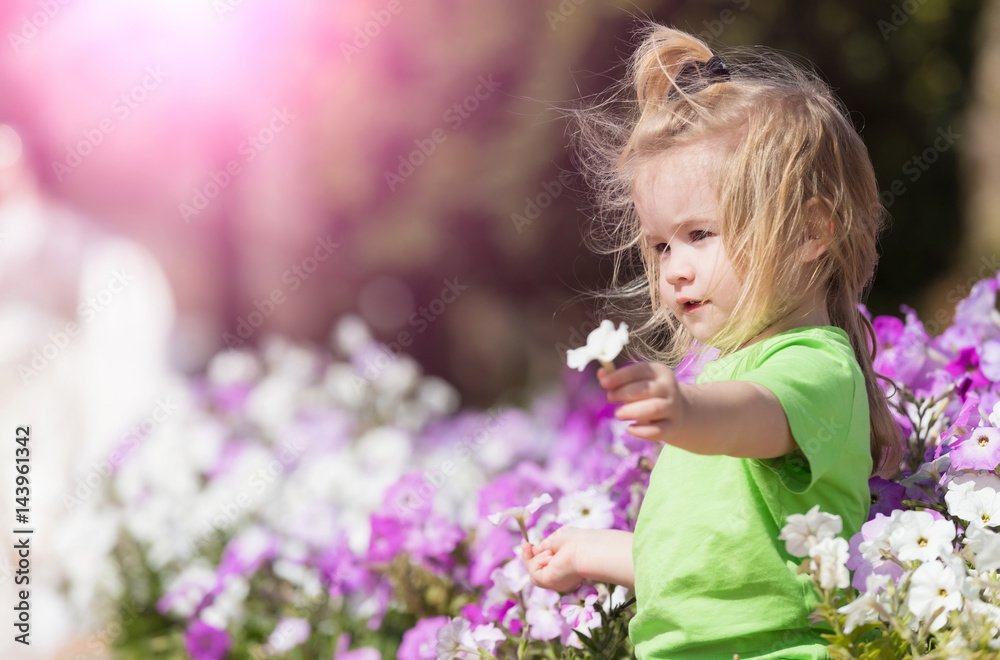 Cute happy baby boy playing at flowerbed with blossoming flowers Cute happy baby boy playing at flowerbed with blossoming flowers