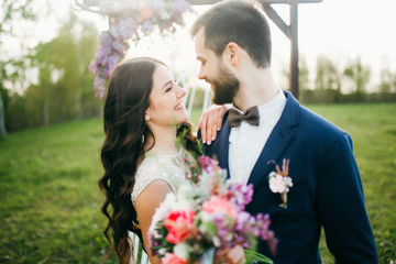 Happy bride and groom after wedding ceremony