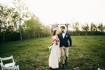 Happy bride and groom after wedding ceremony