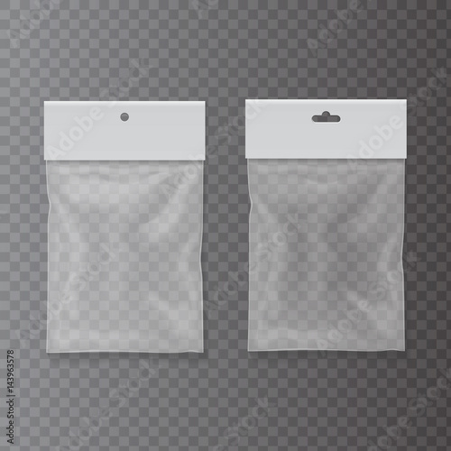 Plastic pocket bag set. Blank transparent mock up with hang slot. Vector Illustration
