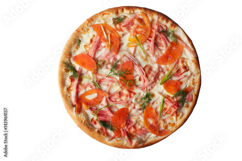 Pizza with ham and tomatoes top view isolated, white background