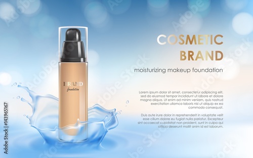 Vector 3D cosmetic illustration for the promotion of moisturizing foundation premium product. Colorstay make-up in glass bottle on a light blue background with a water splash
