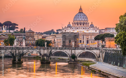 Night view of St. Peter Basilica in Rome, Italy. Rome architecture and landmark. Rome St Peter in Vatican city is the most important church of Rome and the world.