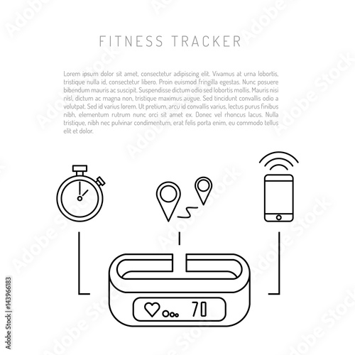 Vector banner with a means of tracking activity, a fitness bracelet. The concept of fitness gadget with icons its functionality.