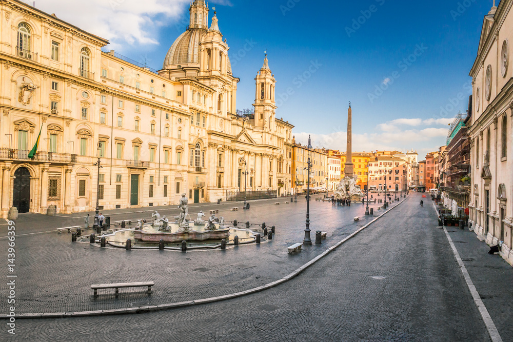 Aerial view of Navona Square (Piazza Navona) in Rome, Italy. Piazza Navona is one of the main attractions of Rome and Italy, it was built on the ruins of Stadium of Domitian