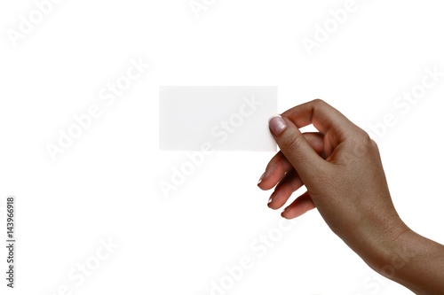 Isolated african female hand holds white card on a white background.